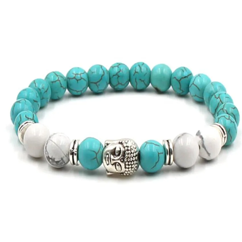 

8mm Turquoise Gemstone Howlite Mala Bracelet 7.5 inches Bangle Ethnic Jewelry Lovers Teens Chain Cuff Beaded Prayer