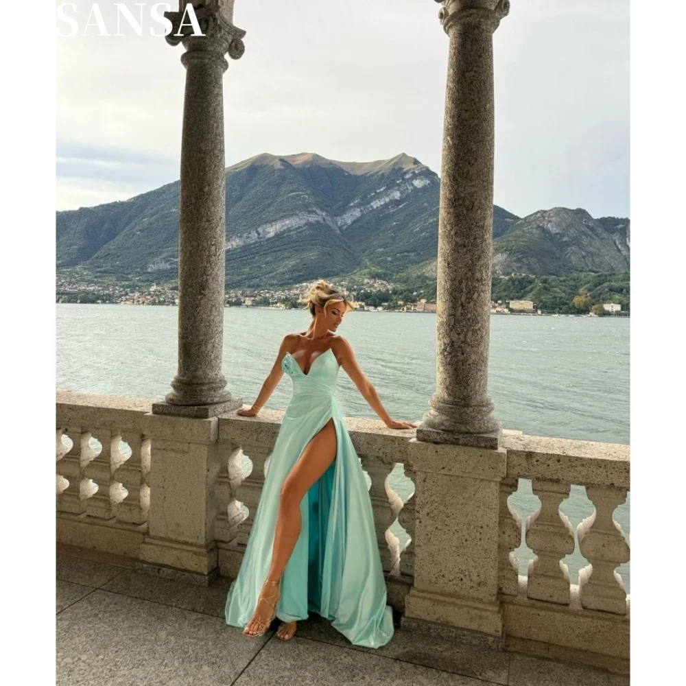 

Sansa Simple A-Line Satin Prom Dress Customized Floor-Length Strapless Wedding Dresses Sleeveless Side Splite Vestidos De Fiesta