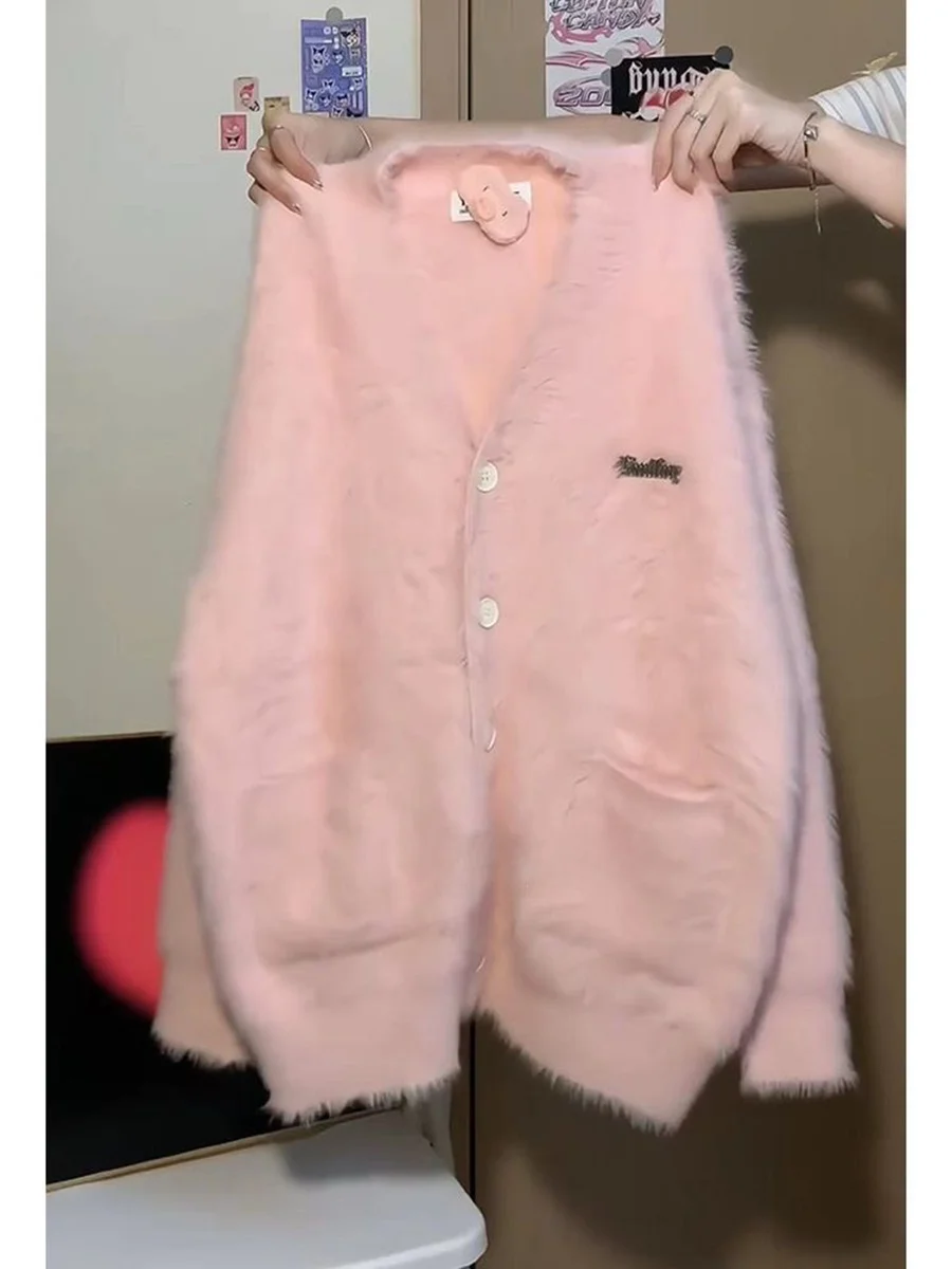 Large Size Mink Velvet Knitwear Outerwear Women's Autumn New Gentle Loose V-ne Soft Knitted Open Cardigan Commute Sle