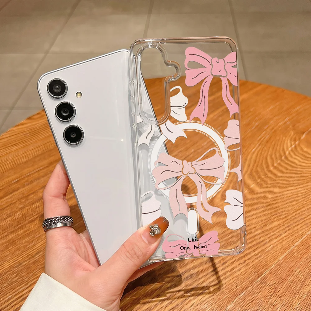 Bow-Knot Painted Magnetic Charger Phone Case For Samsung S26 Ultra S26+ S25 S24 FE S23 S22 S26 Edge Plus For Magsafe Cases Cover