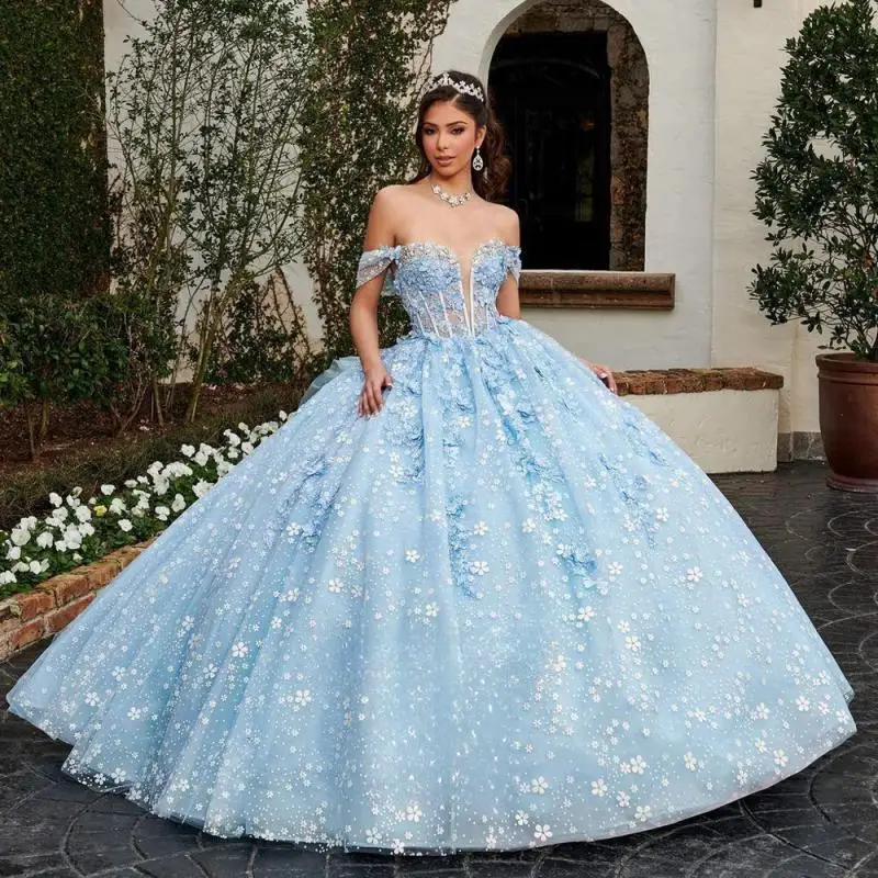 Vestido Quinceanera para meninas, vestidos de baile extravagantes, fora do ombro, apliques, robe de querida, princesa, Bleu Femme, personalizado