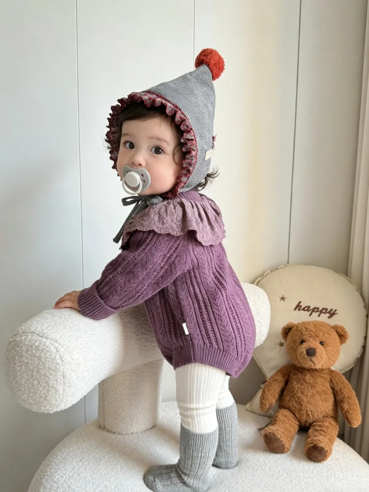 Korean version baby cotton yarn knitted sweater jumpsuit princess knitted bag fart outfit set baby crawling full sleeve bodysuit