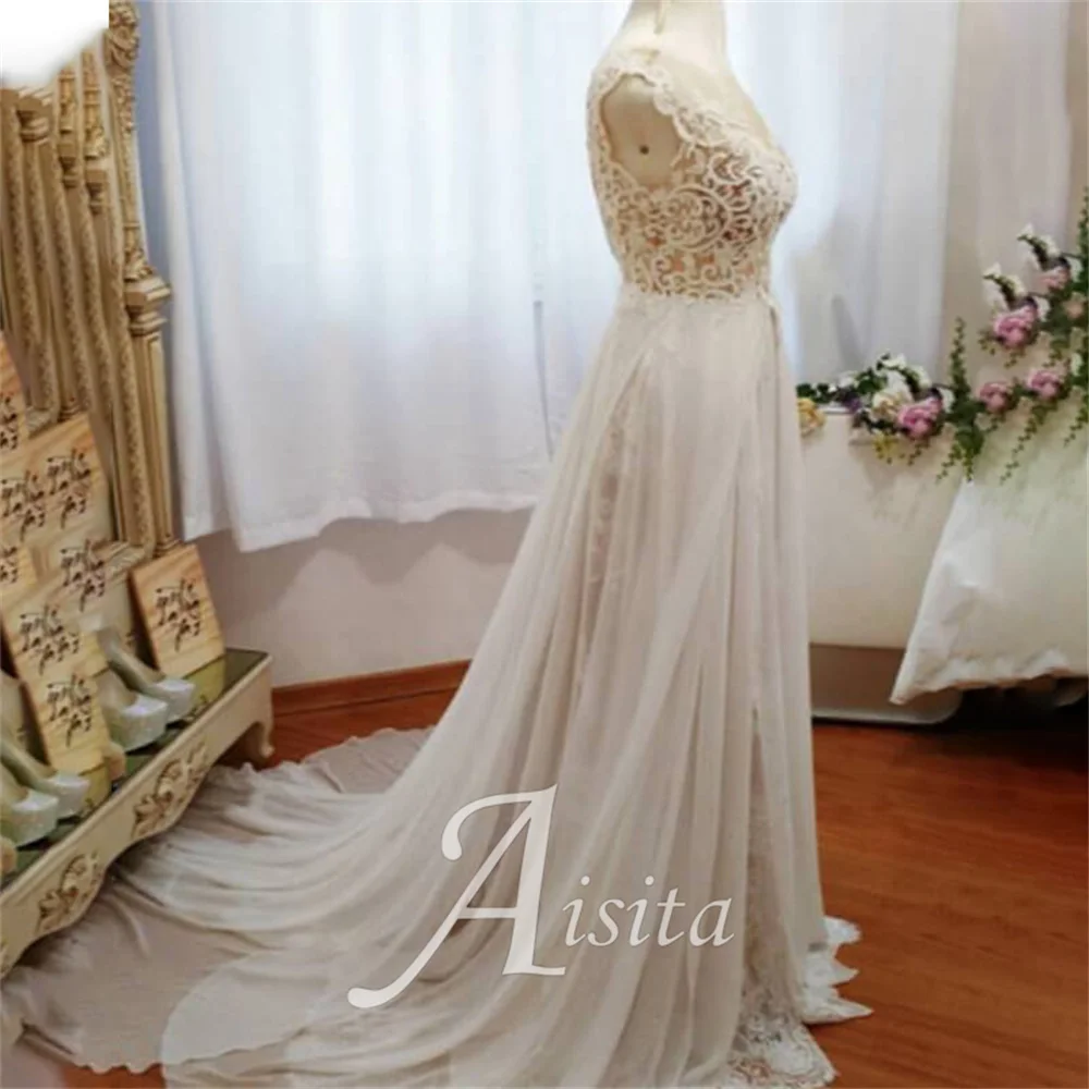 Boho A-line Bride Dresses Scoop Neck Lace Cap Sleeves With Double Slit Suknie ślubne dla kobiet Suknia ślubna Vestidos De Novia