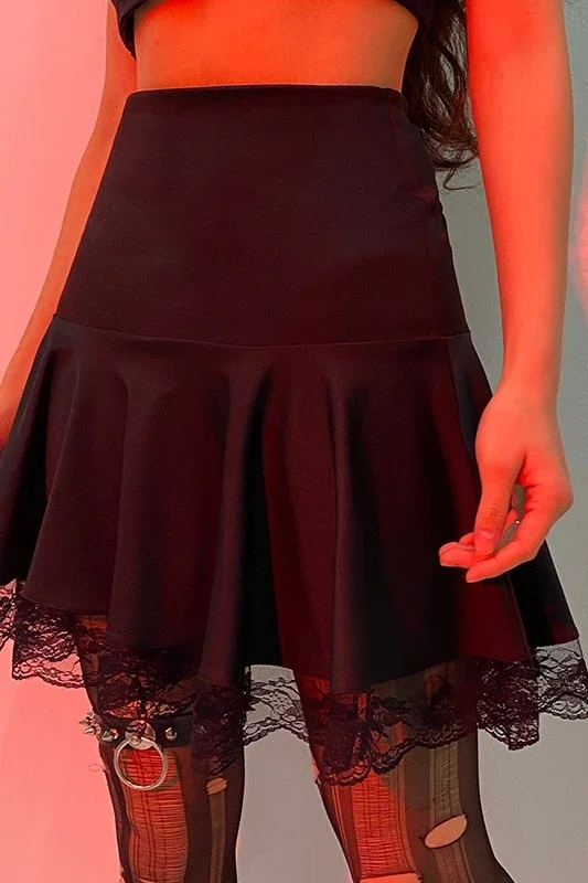 Lace Long Skirt Gothic Black Patchwork Women Casual Sexy Mini Dark Y2K Aesthetic Slim High Waist Skirt