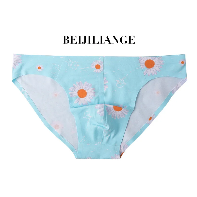 Men Fashionable Daisy Printed Bikini Youth Cotton Breathable Seamless Sports Panties Briefs Gay Sexy Low Rise Bulge Pouch Tangas