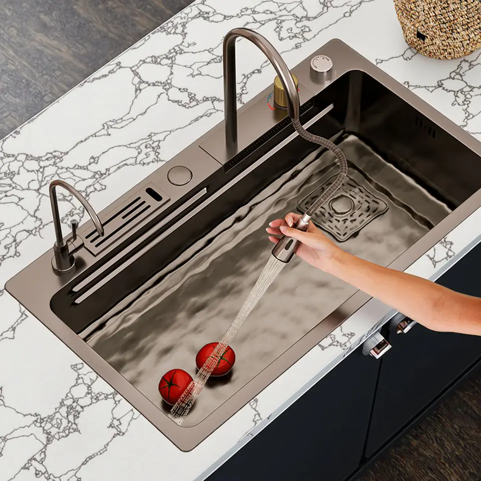

Stainless Steel Kitchen Sink Integrated Basin Knife Rack Nano Rain Waterfall Dishwashing Pool for Vegetable Washing