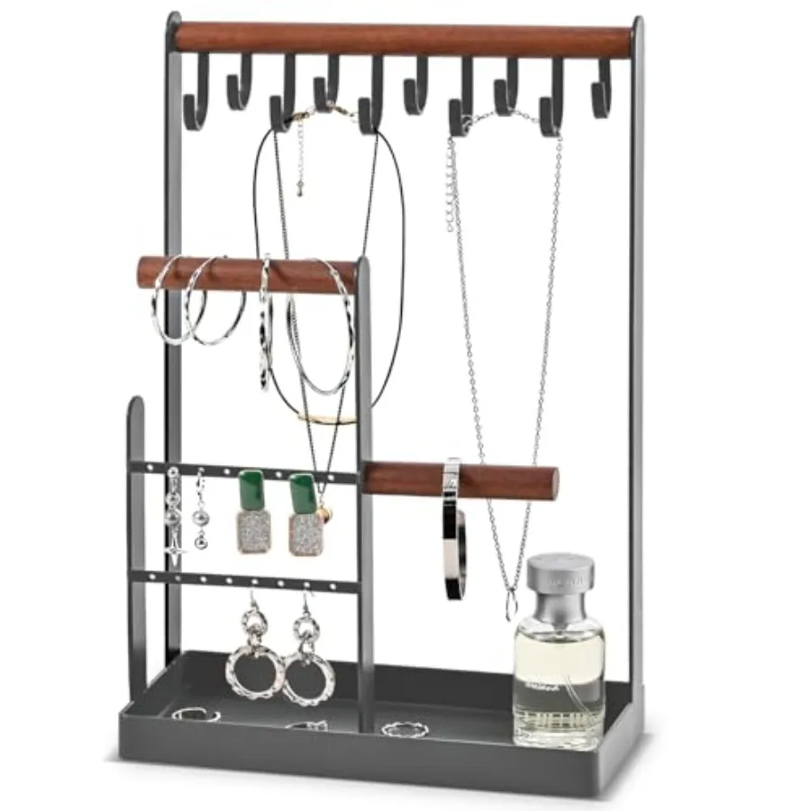 

Подставка для ювелирных изделий, органайзер, 4-уровневый держатель для ожерелья с подносом для колец, 10 крючков, ожерелья, подвесной небольшой дисплей для хранения ювелирных изделий T