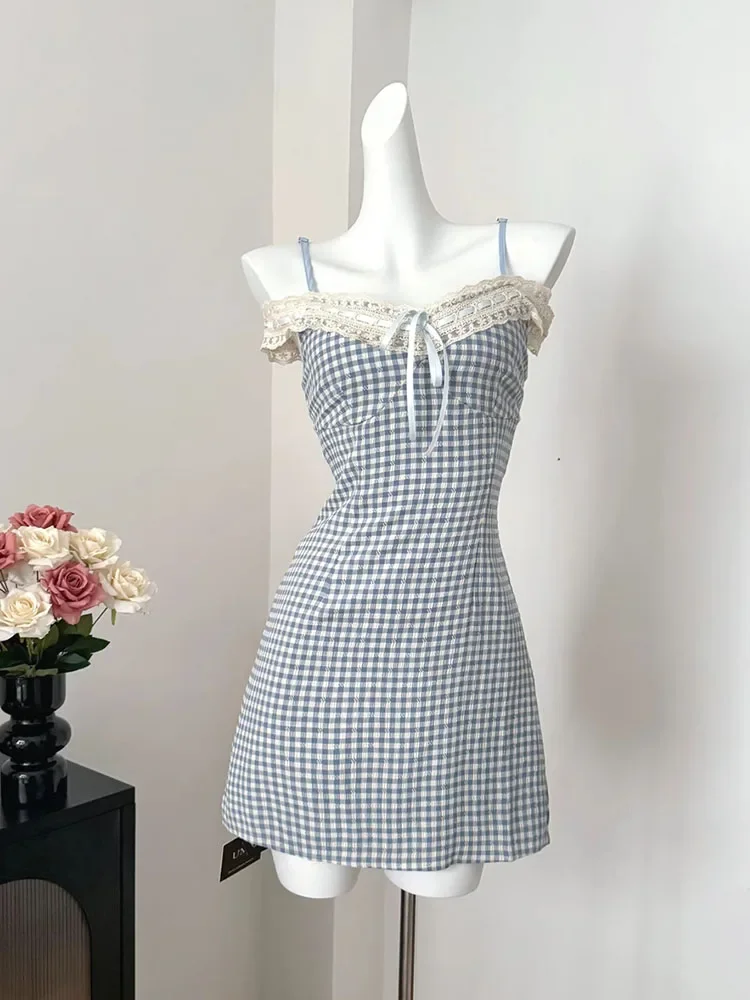 High Quality Plaid One-Piece Frocks Spring Summer Slash Neck Spaghetti Strap Dress Off Shoulder Sundress Sweet Elegant Fashion