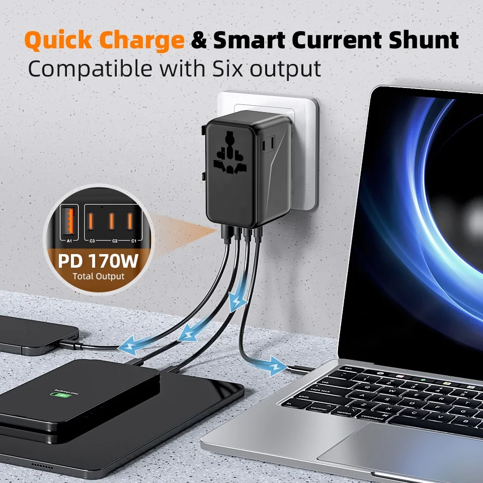 170W PD QC 4.0+ Fast Charger Multi-Plug International Adaptor Socket Worldwide Universal Travel Power Adapter