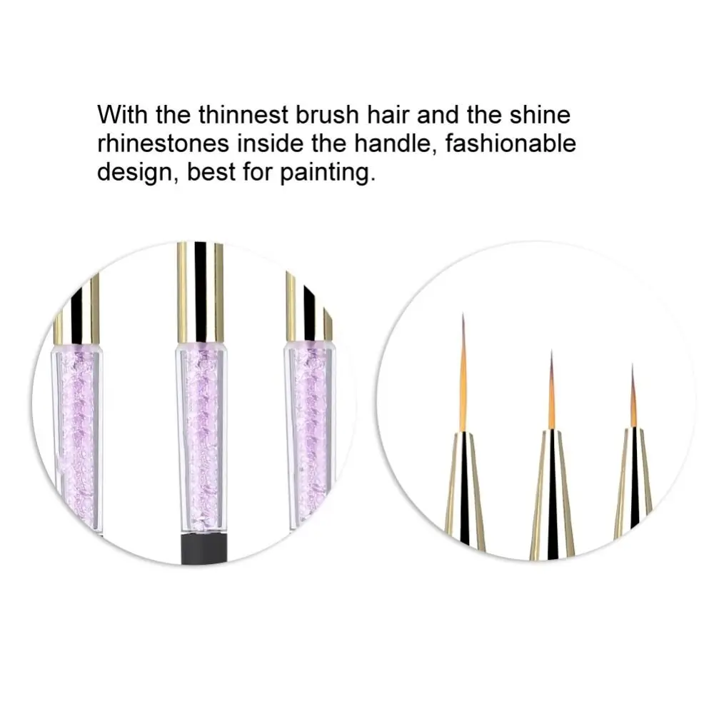 3pcs Fine Detail Fine Detail Nail Brush Delicate Rhinestone Handle Nail Art Brush Professional Nail Art Dotting Liner Brush