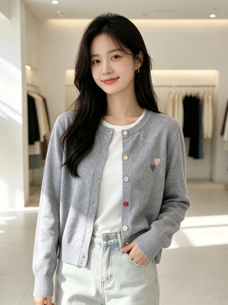 Korean Style Heart‑Shaped Embroidered Women Knit Cardigan Autumn Winter Colorful Buttons Sweater Stylish Vibrant Outerwear Coat