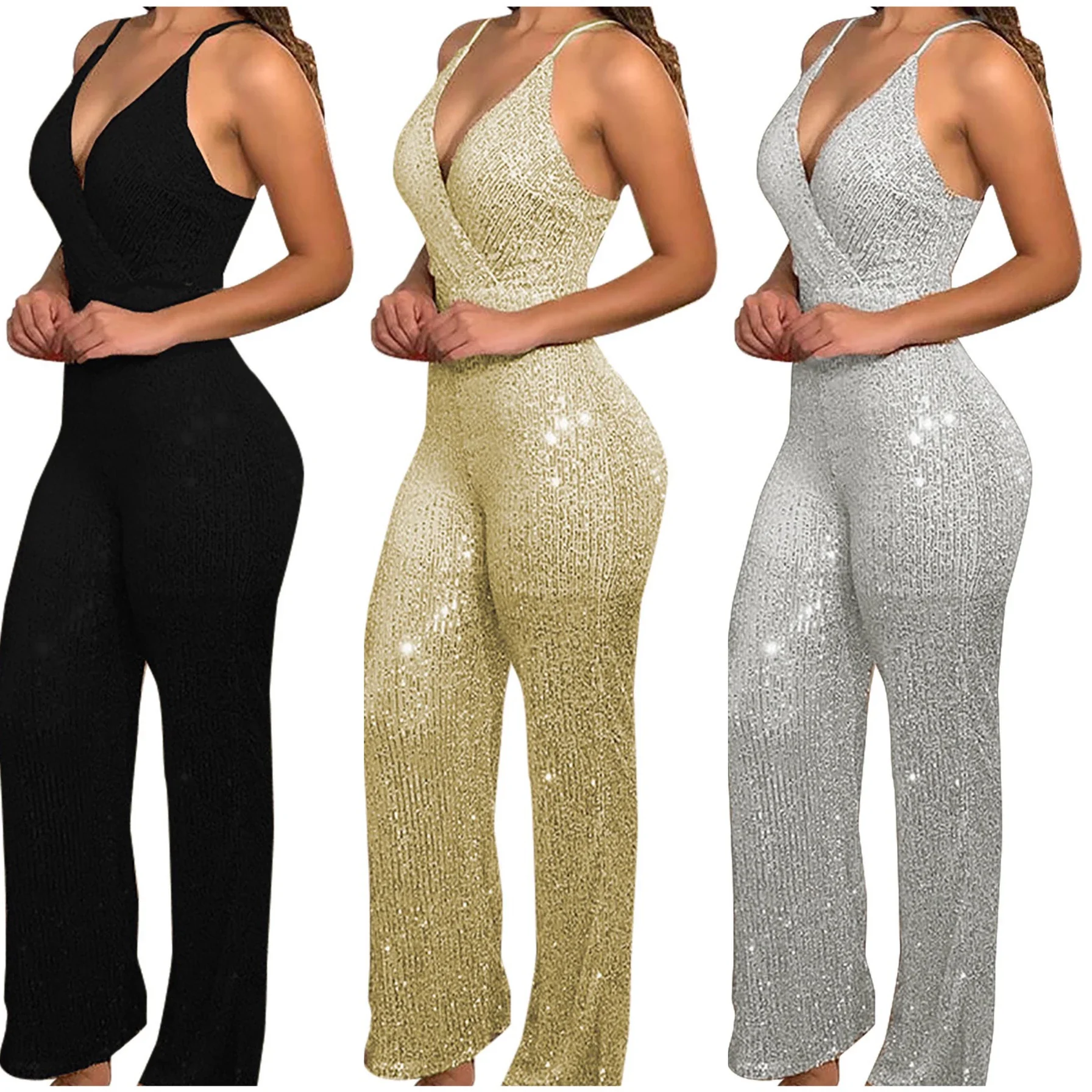 Hot Sale Europe And The United States Popular Styles Womens Sexy Tight Halter Sequins V-neck Slim Jumpsuit Sexy Fashion Jumpsuit