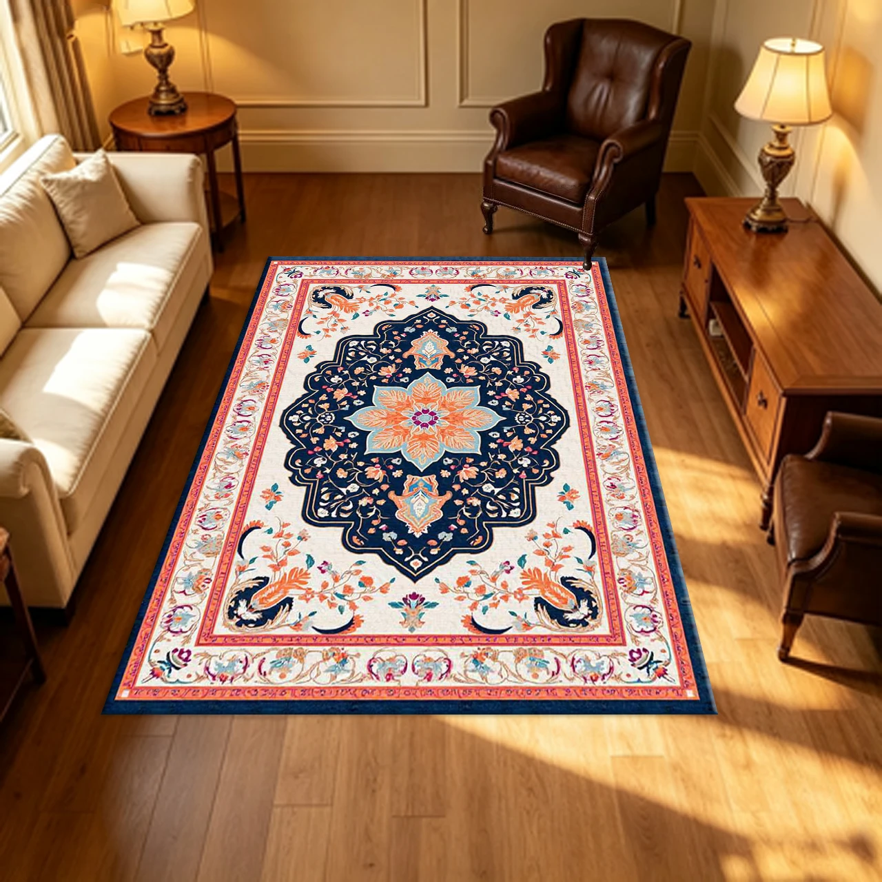 Classic Oriental Floral Medallion Bird Pattern Carpet Flooring Navy Orange Beige Vintage Ornate Border Household Decor Rug