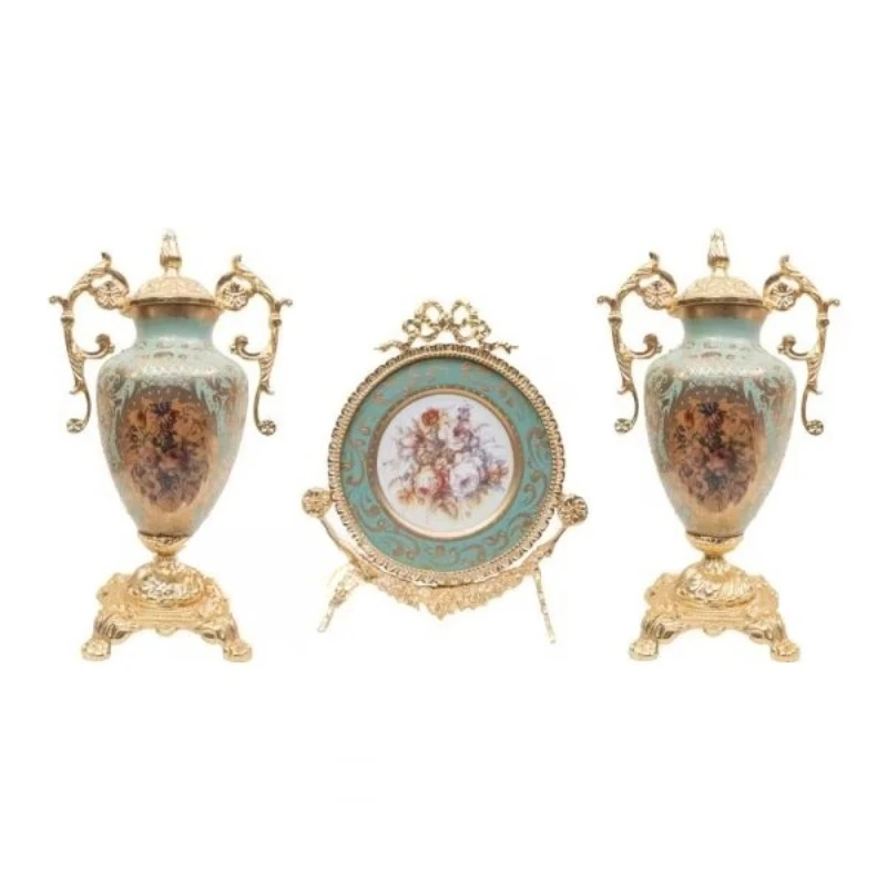 

Ceramic decorative set, two vases and plates with gold-plated solid brass frames