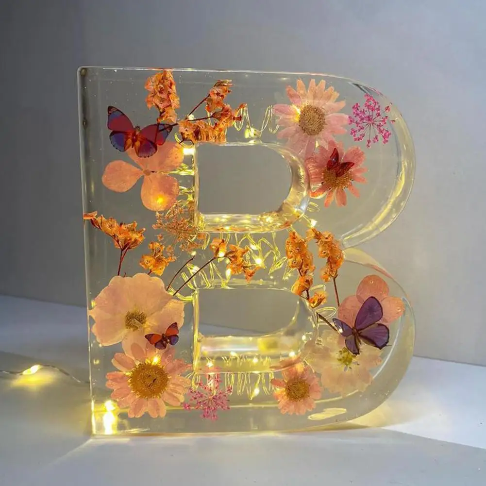 Floral Initial Night Light Initial Letter Dry Flower Resin Lamp Creative Table Light Night Lamp Glowing Decoration For Bedroom