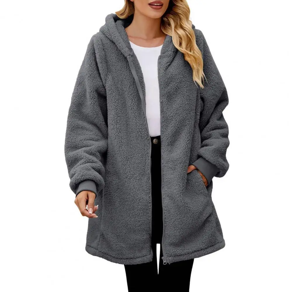 Women Solid Color Jacket Cozy Hooded Women's Winter Coat with Plush Lining Zipper Closure Warm Mid-length Cardigan for Fall