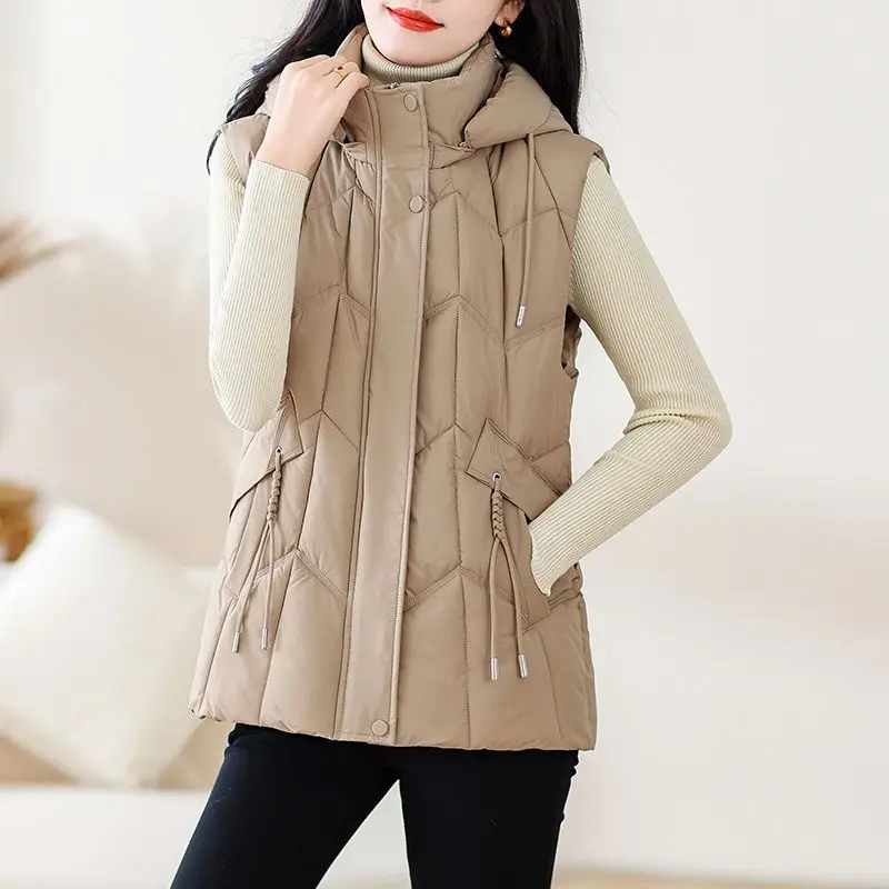 

2026 Autumn Winter Casual Hooded Cotton Vest Women Loose Sleeveless Cotton Vest Elegant StandUp Collar Cotton Quilted Coat TS583