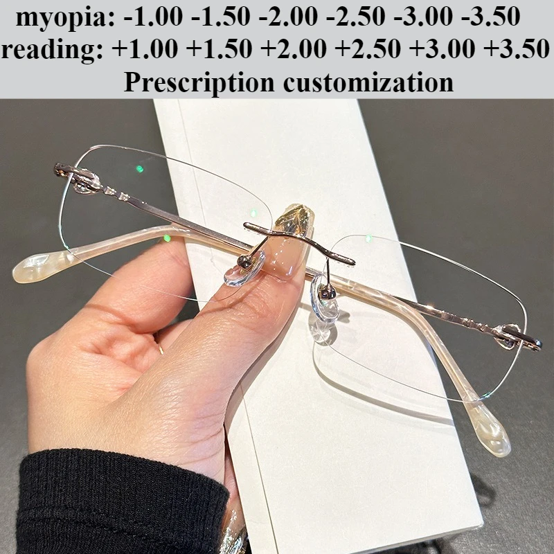 

54mm New Women Ultra-light Rectangular Anti-blue Light Myopia Prescription Eyeglasses Custom Rimless Reading Eyewear