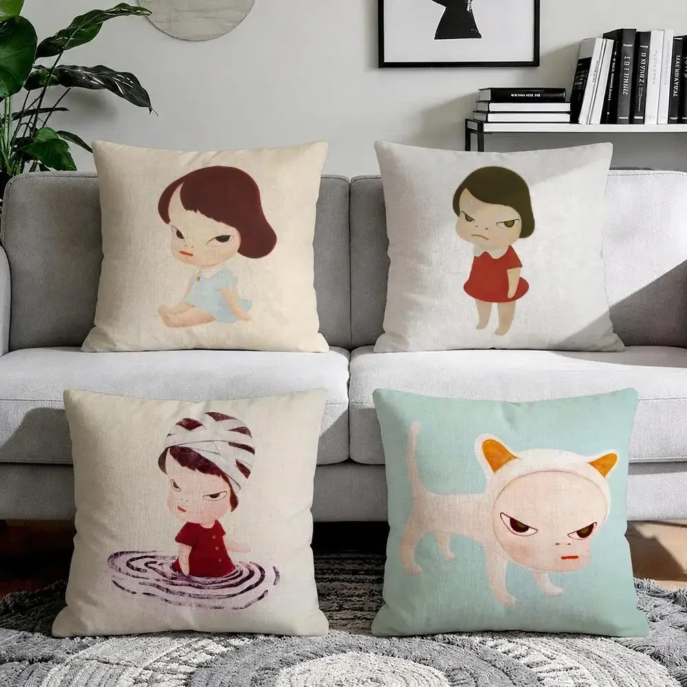 Y-Yoshitomo N-Nara Doll Playful Cushion Cover Organic Natural Linen Pillowcase with Double Sided Print for Sofa Home Decor Gift