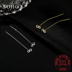 Fashion Real 925 Sterling Silver Zircon Number Infinite 18K Gold Chain Tassel Stud Earrings For Women Trendy Fine Jewelry Gift