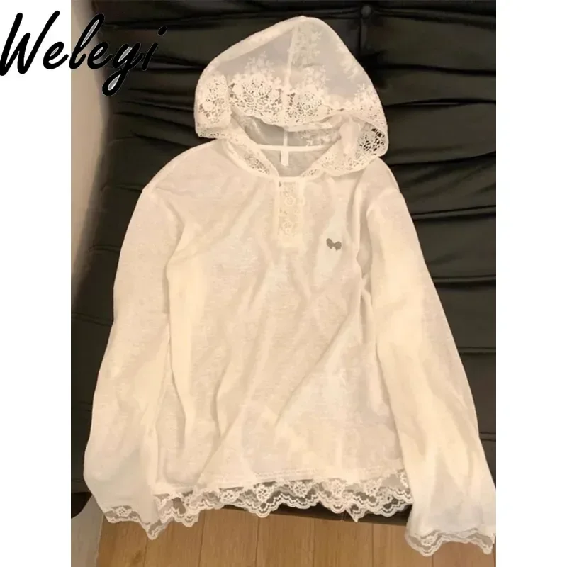 

American Sweet Girl Splicing Lace Hooded White Tops Women Student 2024 Fall New Cute Loose Long Sleeve Sunscreen Blouse Female