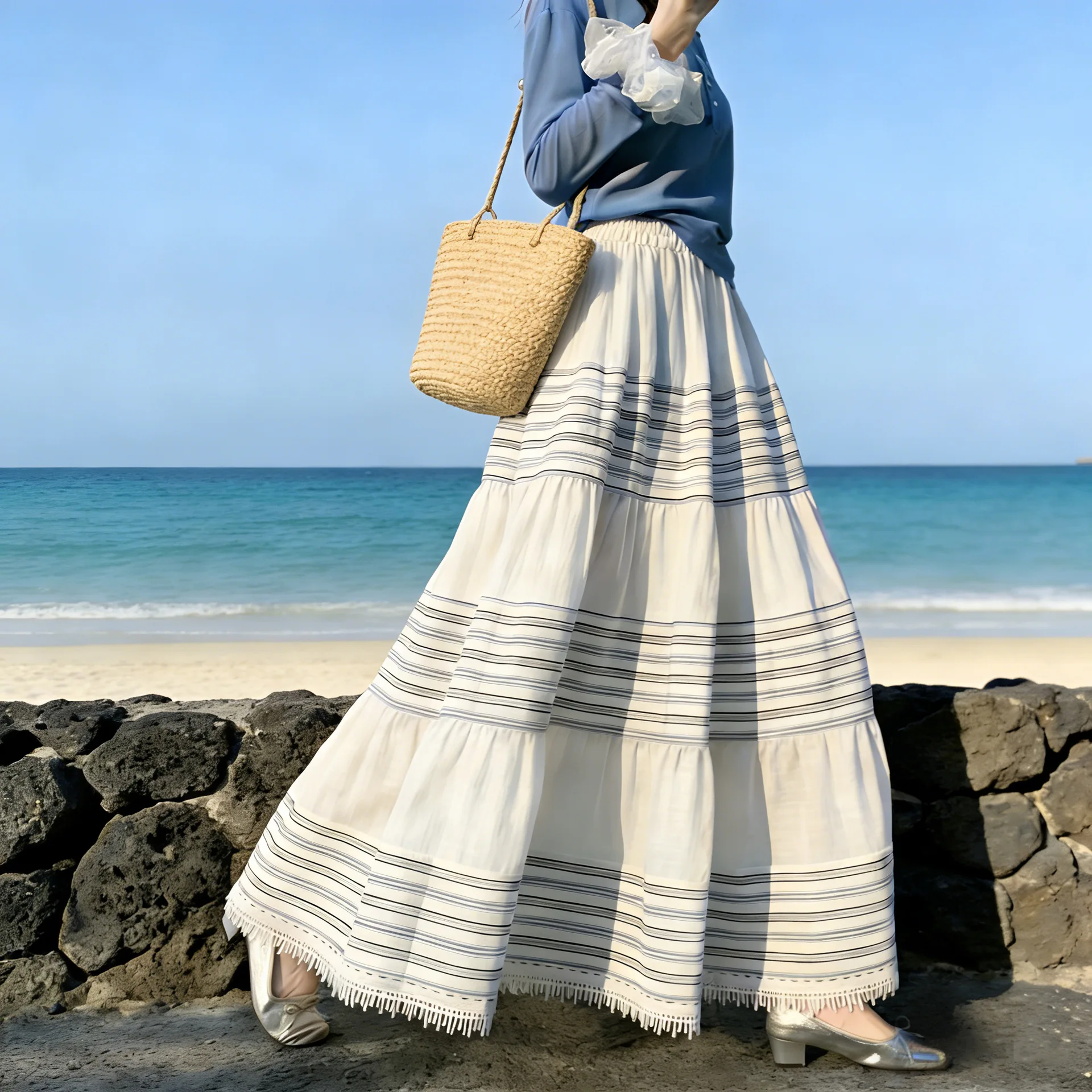 

Женская длинная юбка макси TIYIHAILEY, с эластичной талией, хлопковая, с белыми кисточками, А-силуэт, новая модная полосатая летняя модель 2026 года
