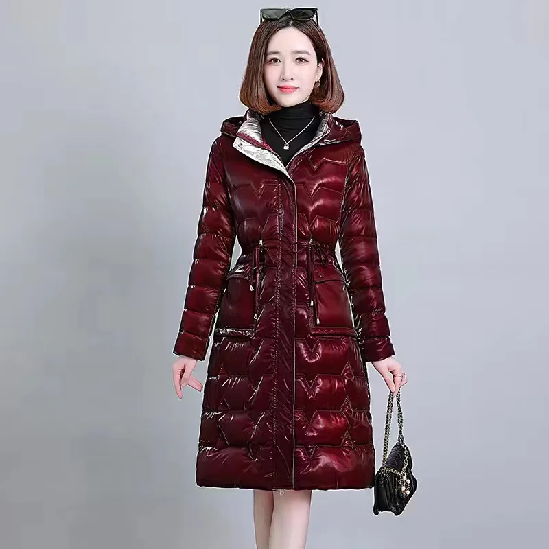 2023 New High Quality Women\'s Winter Jacket Fashion Glossy Down Jacket Long Hooded Parka Female Warm Cotton Coat Women Outwear