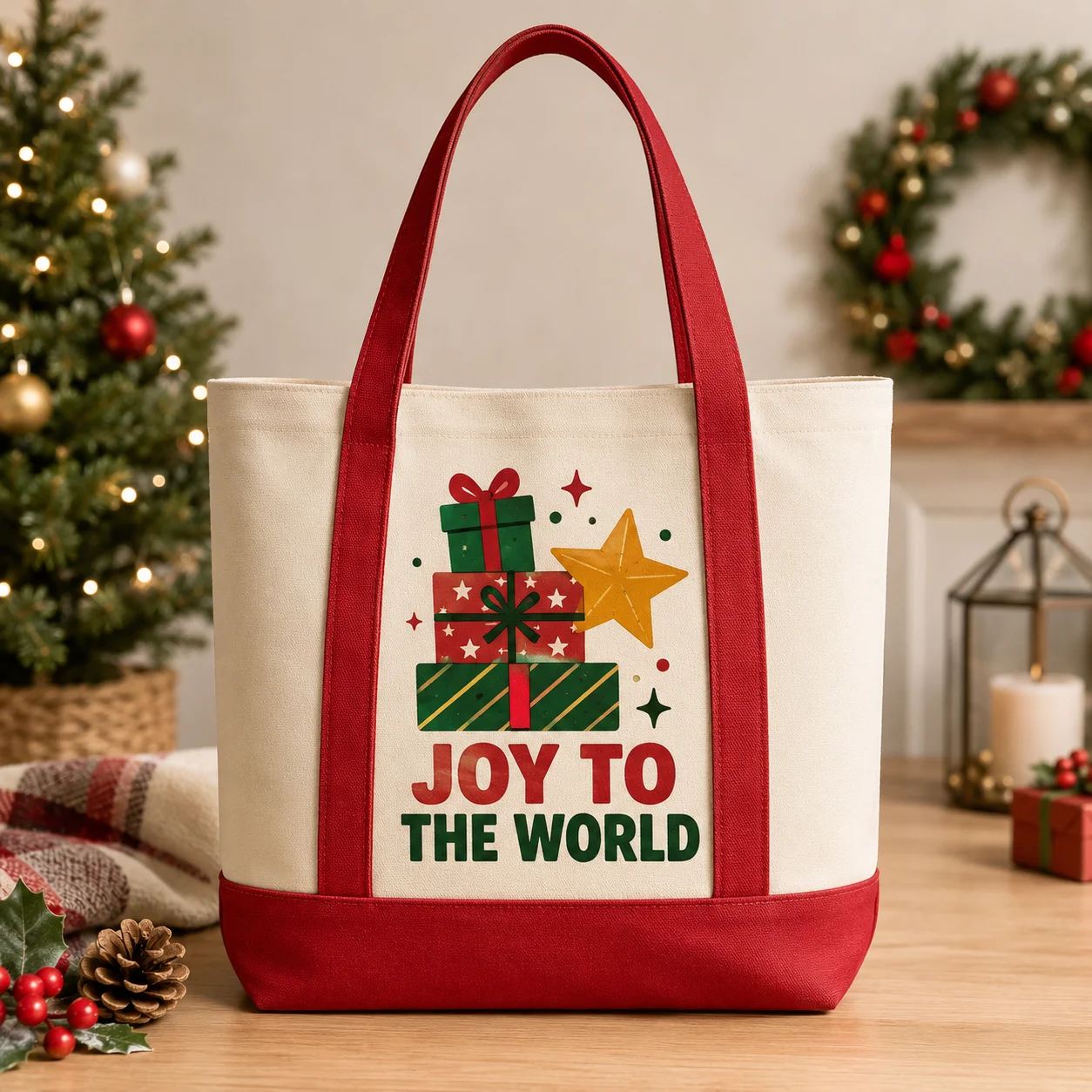 Holiday Canvas Tote Bag Gingerbread Candy Cane Custom Photo Name Text Large Shopping Gift Handbag For Women Family Party Gifts