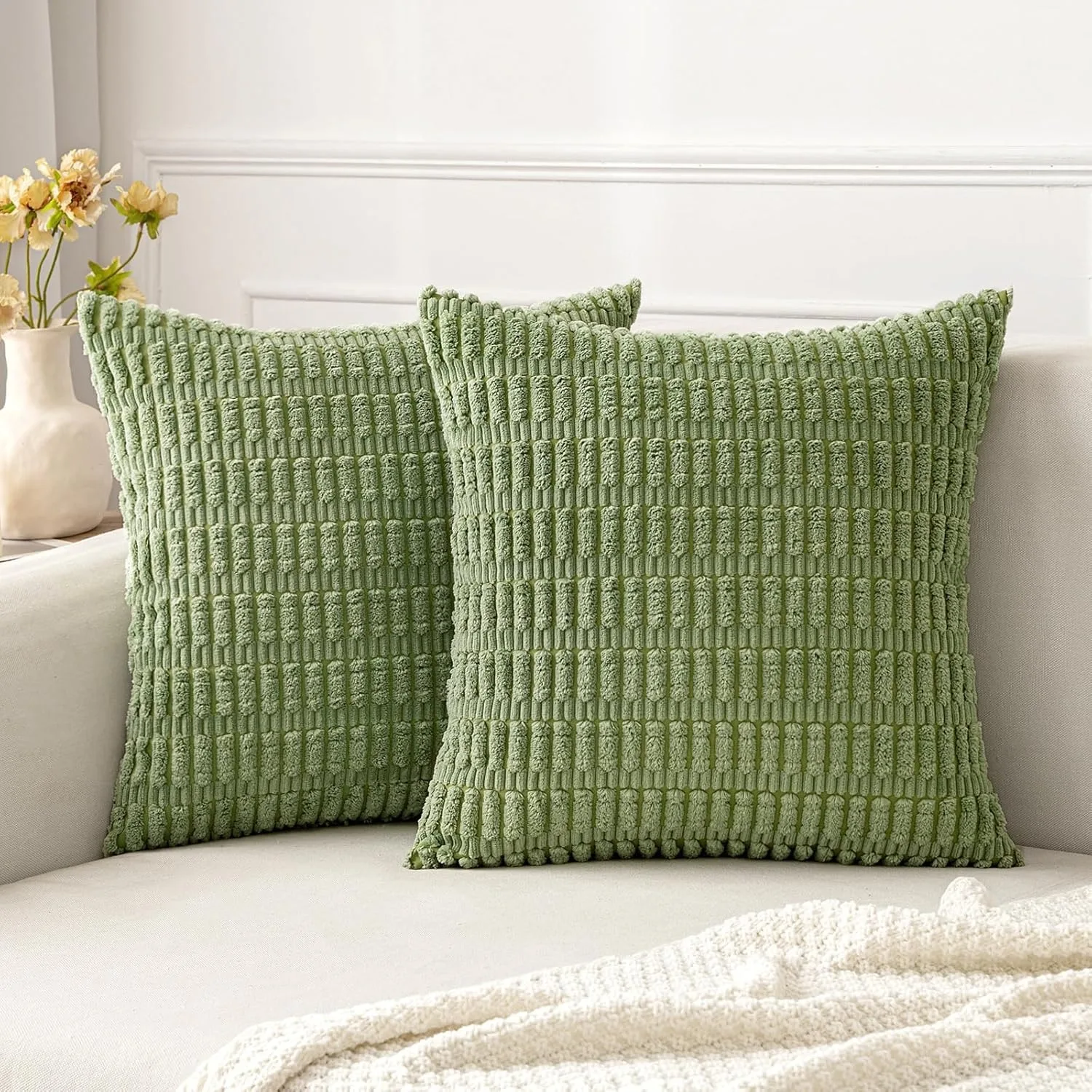 Green Corduroy Throw Pillow Covers Striped Square Cushion Cover for Couch Sofa Living Room Bed Soft Solid Color Farmhouse Boho