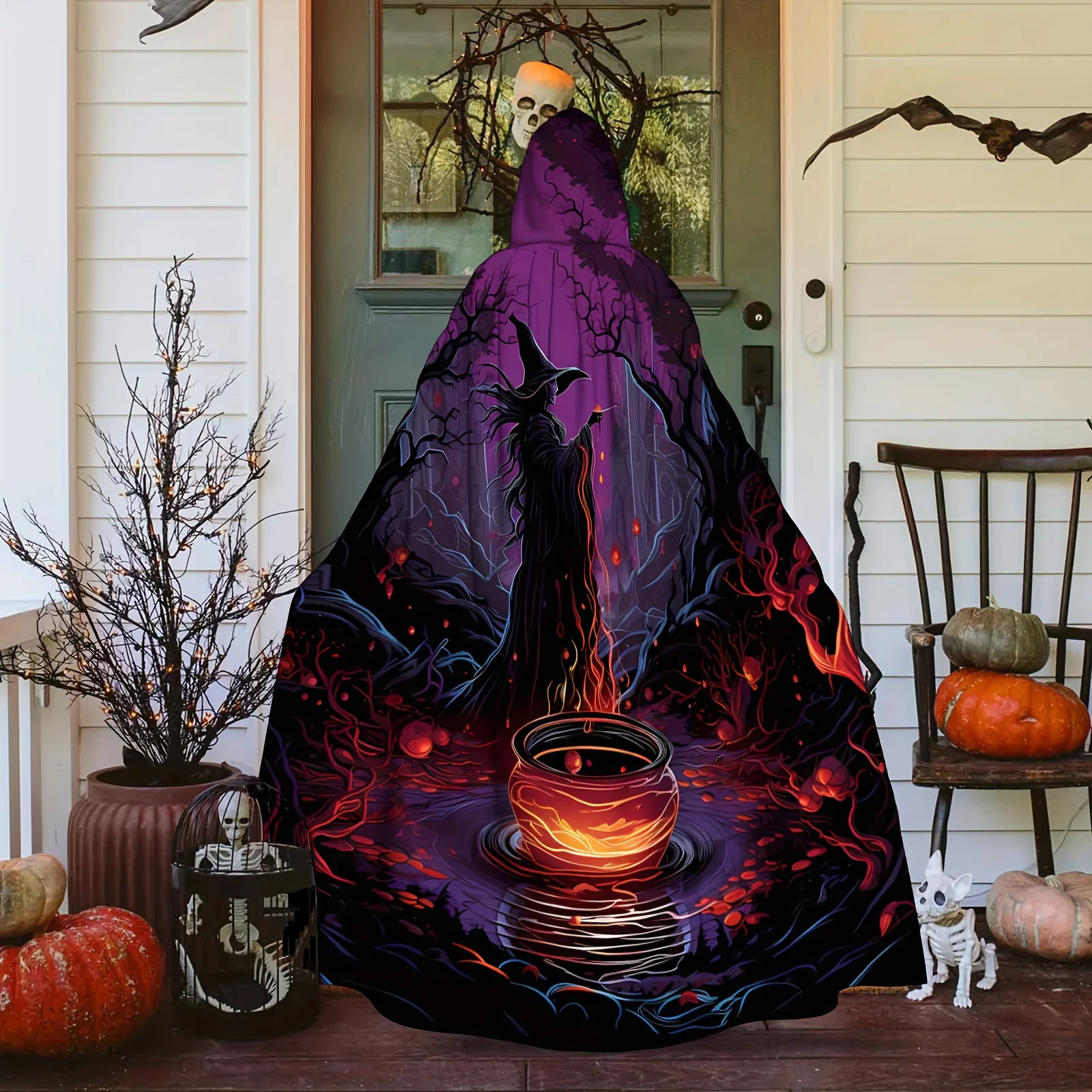 1pc Gothic Witch Cloak with Enchanted Forest Print - Dark Purple Black Cauldron Design, Mysterious Spells One Size