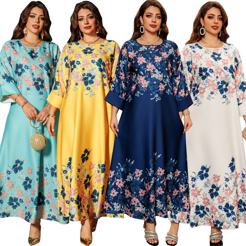 AB395 plus size women's dress with printed Muslim flower rhinestone robe