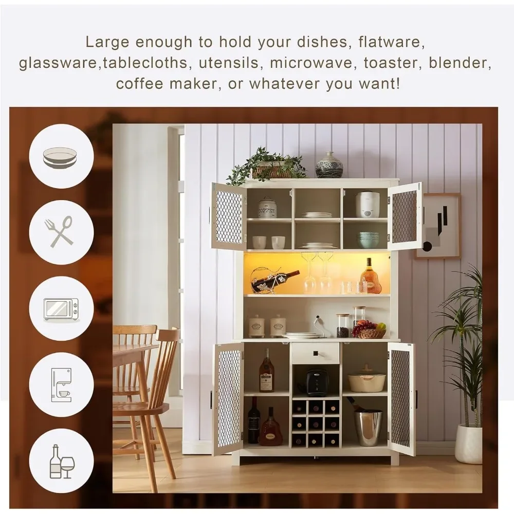 Armoire à vin avec lumière LED et sorties, étagère de rangement pour bouteille de vin T1, verre à vin T1, meuble de bar rustique, 70 po