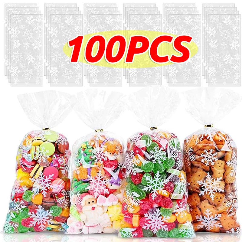 50/100Pcs Christmas Snowflake Candy Bags Transparent Cookie Treats Popcorn Packaging Plastic Bag Xmas Party Decorations Gift Bag