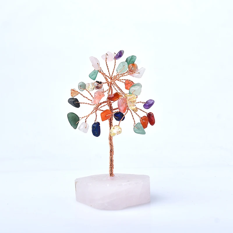 Chakr Trees Natural Gemstone Healing Crystal Money Tree On Rose Quartz Base Feng Shui Crystals For Home Office Desk Decorations