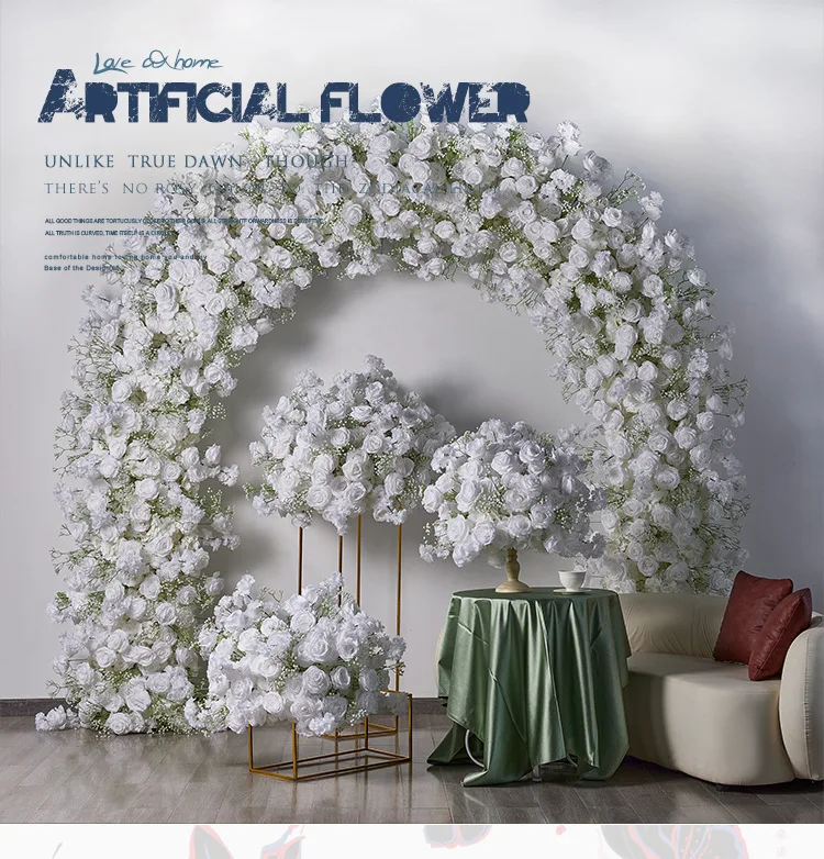 2,4 m U-förmiger Hochzeitsbogen mit künstlichen weißen Rosen, Schleierkraut und Hortensien, Blumenarrangement, Eisenrahmen, Hintergrund für Events und Partys – Detail 1