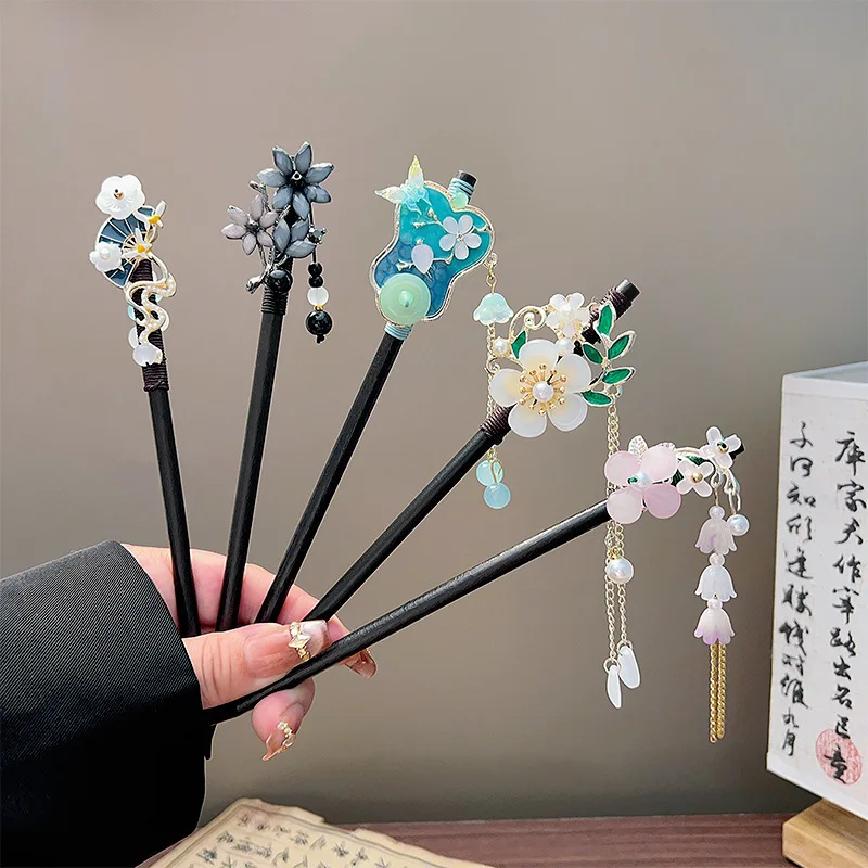 Horquilla Clásica con Borlas, Horquilla de Madera Negra con Flor y Perla, Accesorios para el Cabello Hanfu Chino, Joyería Retro para Moños de Novia y Boda