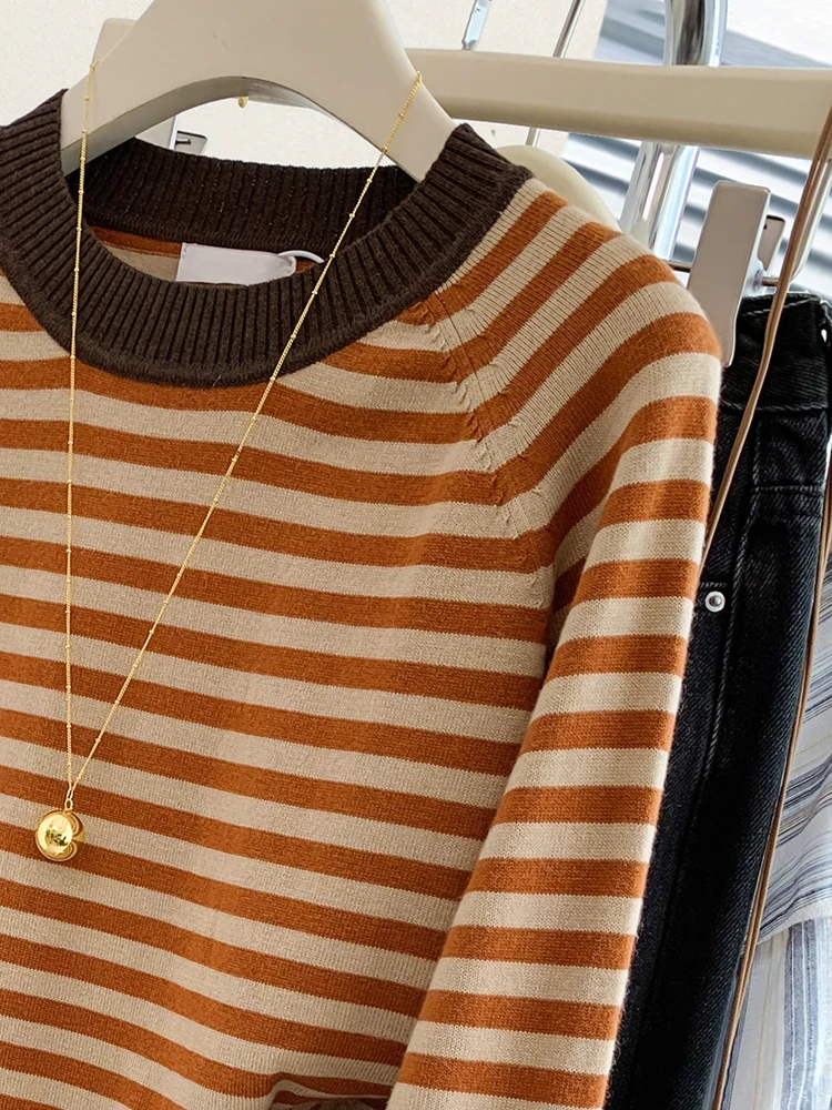 Casual Women\'s Stripe Knit Sweater Autumn New O-Neck Loose Retro Elegant Korean Basic Pullover Trend Office Lady Top