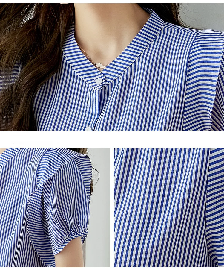 Office Lady Lotus Leaf Sleeve Stand Collar Chiffon Striped Blouses Shirt Women's Summer Fashion Elegant Shirts Blue Women Tops