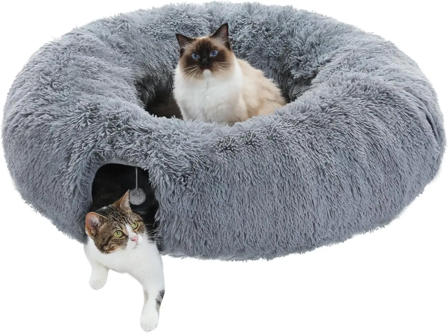 Large  Tunnel,  Tunnel Bed with Central Soft Mat and Dangling Balls, Collapsible Fluffy Plush  Tube (9.8 Inches in Diameter) for