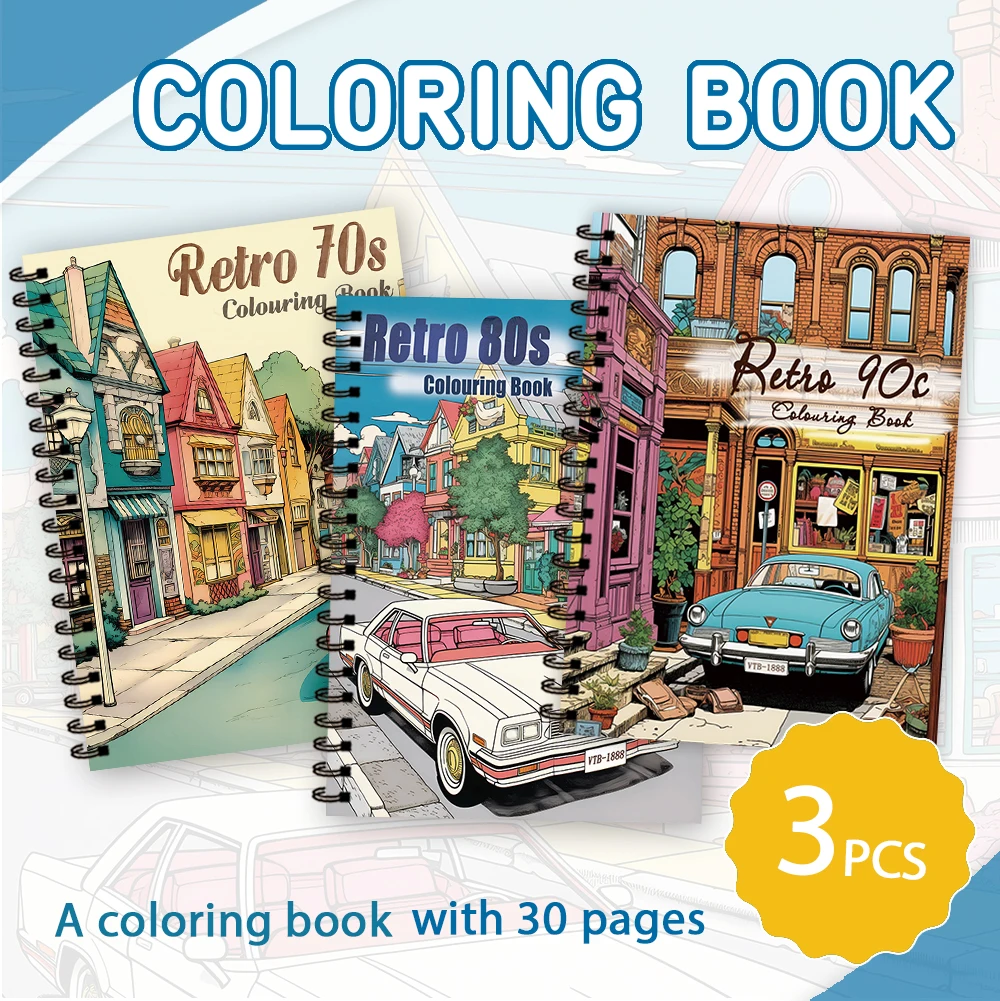 3 pcs Street Scene Coloring Book Set, Thickened 30 Pages Spiral Bound, Stress Relief Relaxation, Perfect for Christmas New Year
