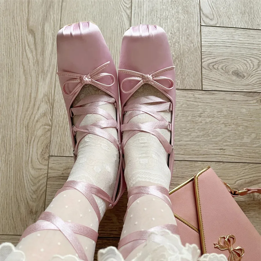 Cute Pink Women Chunky High Heels Lolita Shoes Square Toe Mary Janes Fashion Comfy Ladies Dance Shoes Lace-up Dress Pumps