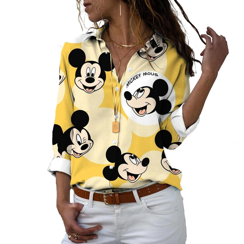 Novo 2022 disney harajuku ajuste fino 3d impresso botão feminino para baixo manga longa lapela mickey minnie casual bonito camisa