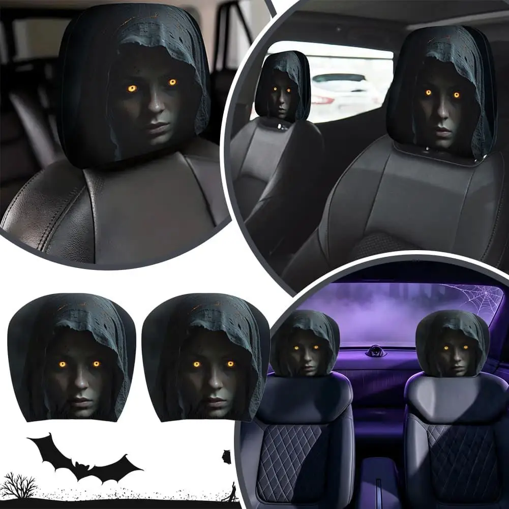 2/4 Stück Halloween Gruseliger Sensenmann-Druck Auto-Kopfstützenbezüge Horror-Stil Fahrzeugsitz-Kopfstützenabdeckung Halloween-Party Auto-Dekoration – Detail 2