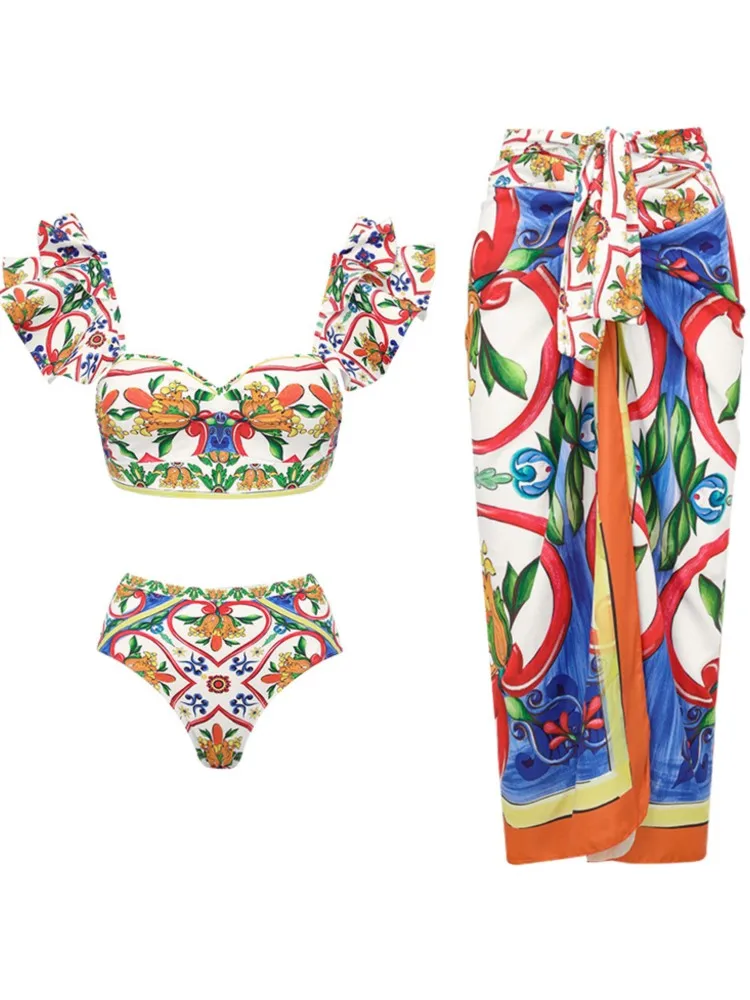 Niebieskie w stylu Retro dwuczęściowy strój kąpielowy z nadrukiem w Bikini i przykrycie w spodniach obcisłe damskie bandażowe letnie luksusowe na