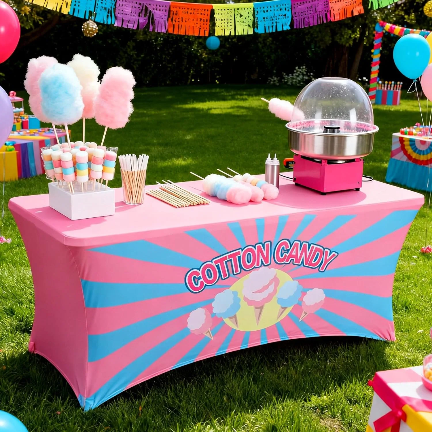 

Cotton Candy Stand Tablecloth Elastic Spandex Table Pink Blue Banner Sign Table Cloth for Business Advertising Carnivals Party