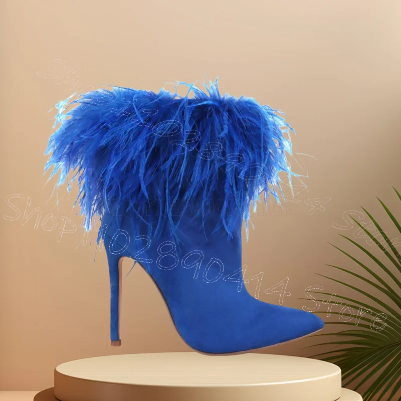 

Orange Feather Suede Pointed Toe Ankle Boots Back Zipper Women Shoes Thin High Heels New Party Banquet 2026 Zapatos Para Mujere