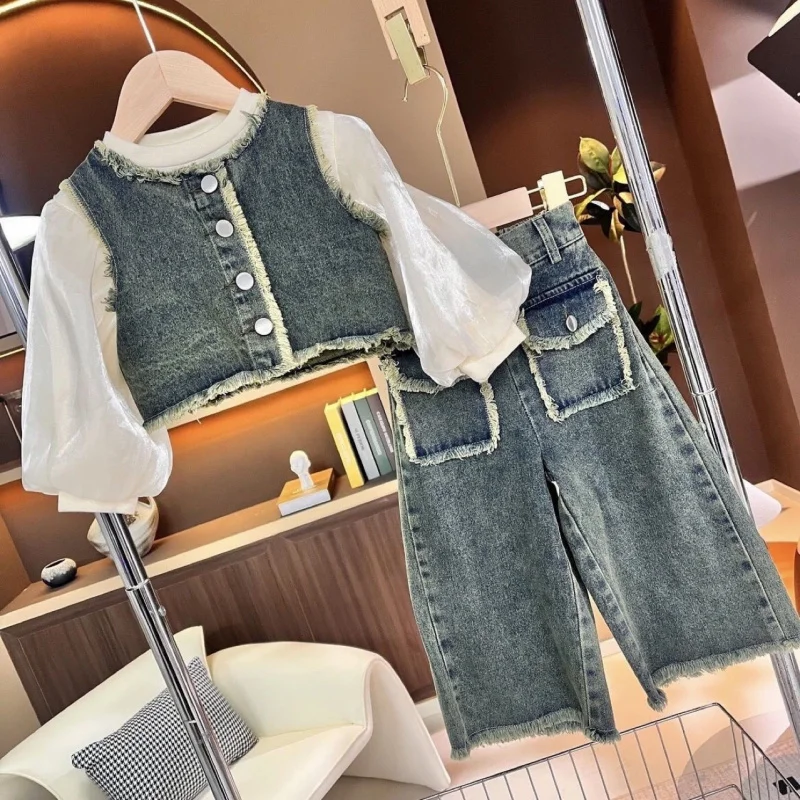 Girls Autumn Korean Style Suit2024New Fashionable Baby Girl Autumn Wide Leg Jeans Casual Three-Piece Suit