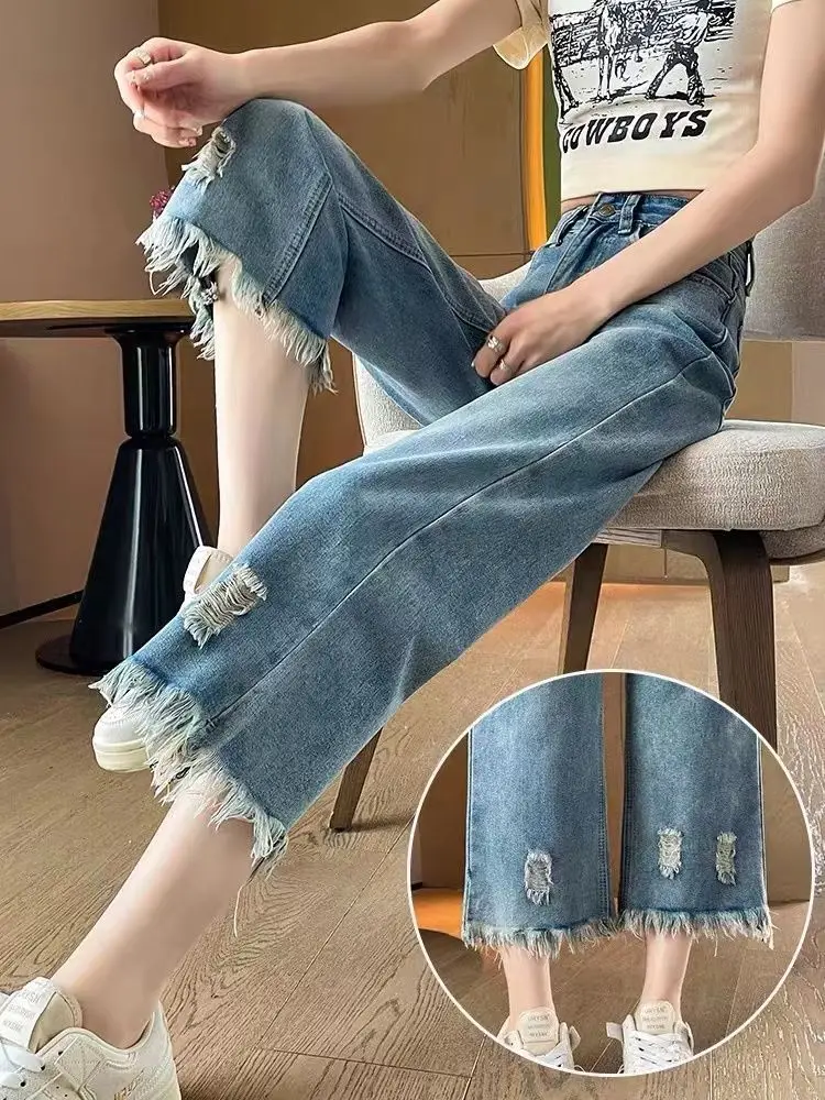 

Broken Hole Jeans Women's Summer Thin 2024 New High Waisted Loose Nine Split Su Straight Leg Wide Leg Pants