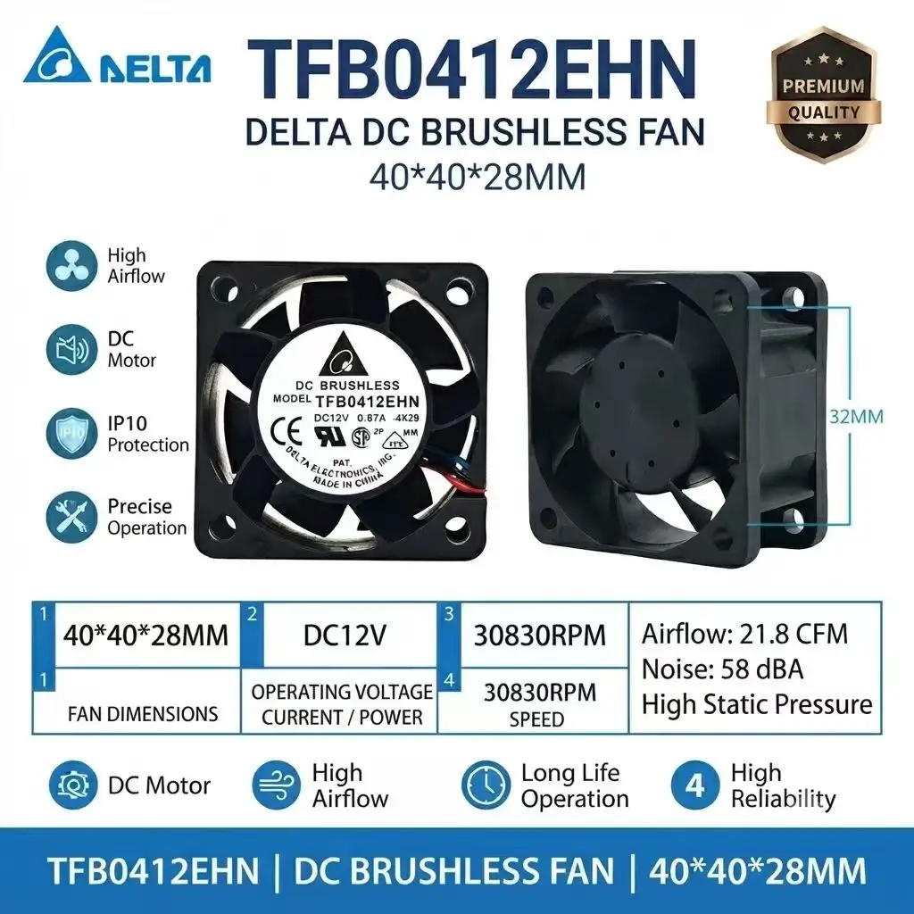 For DELTA TFB0412EHN DC Brushless Fan 40x40x28mm DC12V 0.87A 30830RPM High Airflow High Static Pressure Cooling Fan