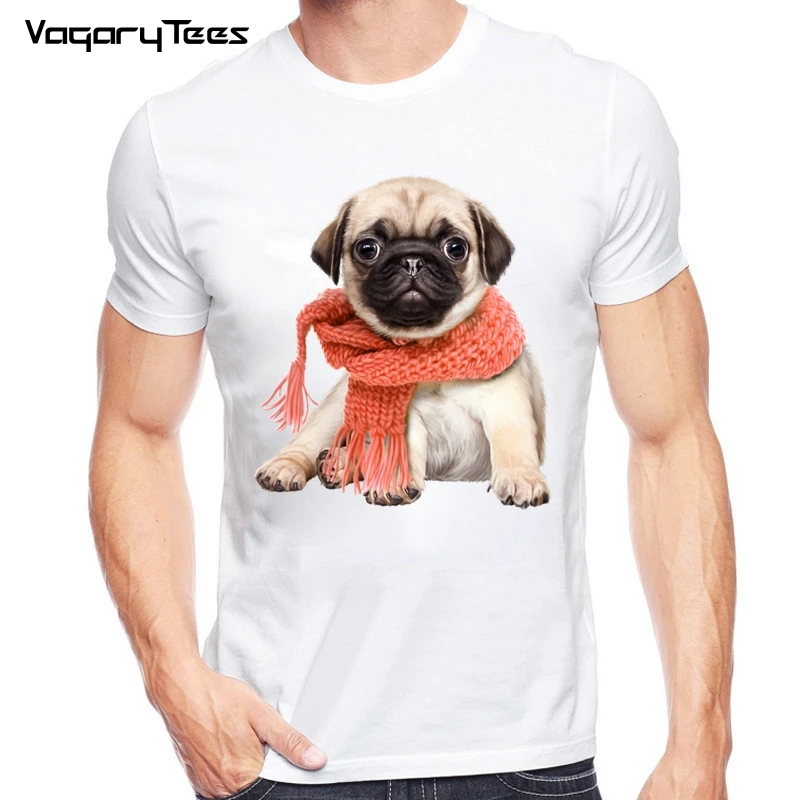 Fashion Cute Pug Wearing a scarf T-shirt men's Novelty Customied Streetwear T Shirt Summer Basic Homme Tee Shirts